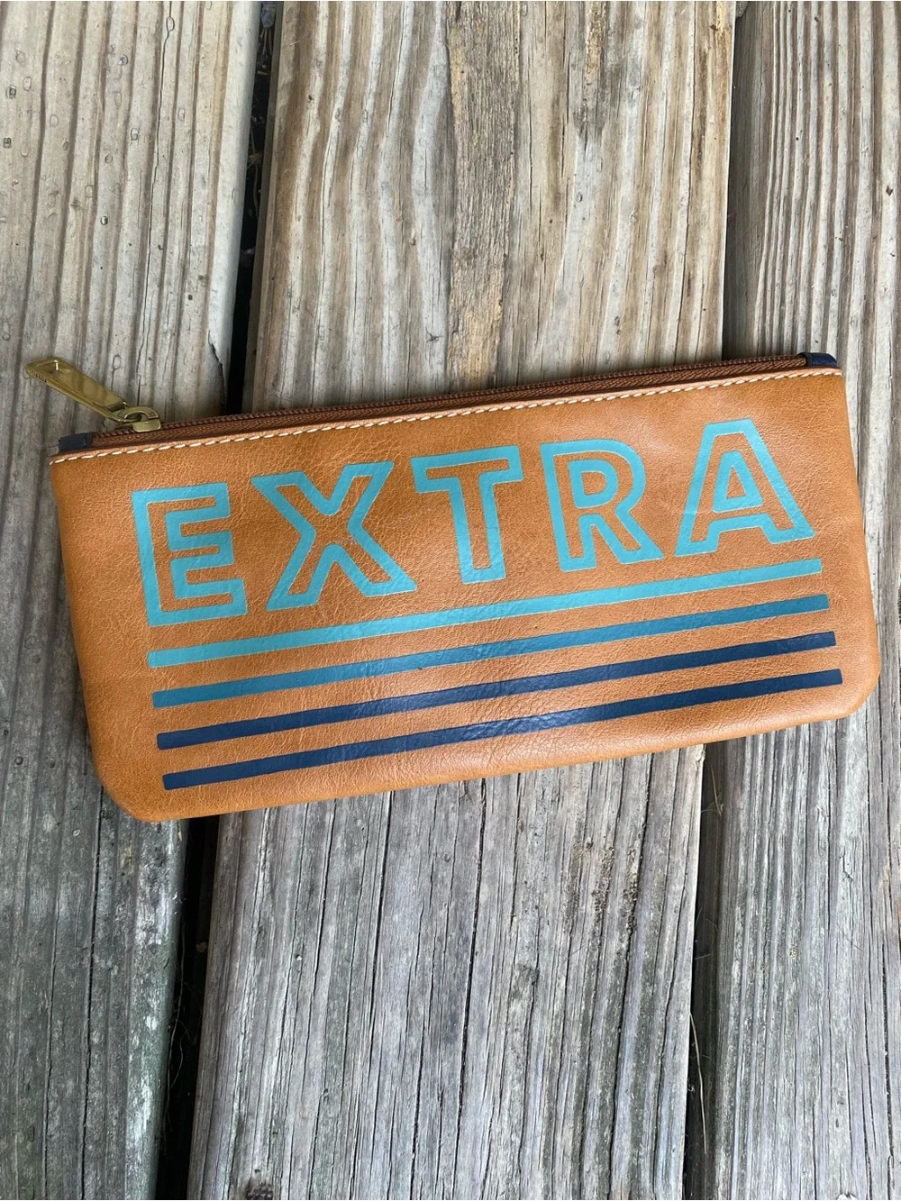 FOSSIL- Leather Zip Pouch - Tan with Turquoise and Navy Accents